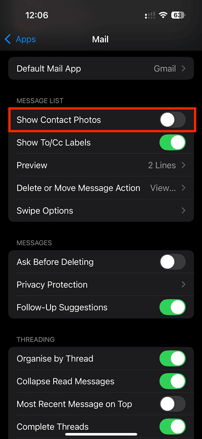 在 iOS 18 邮件应用中关闭联系人照片