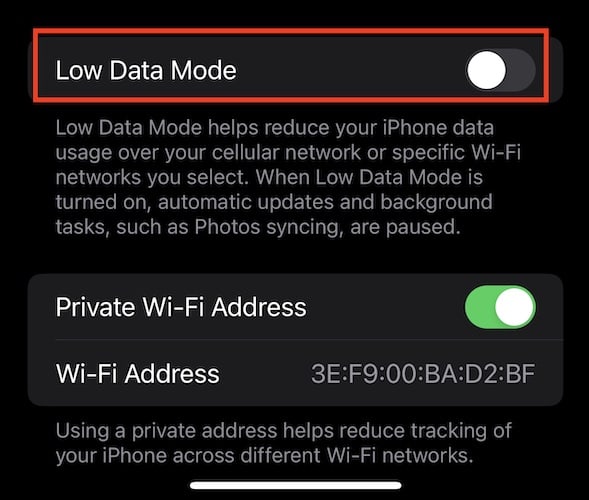 Screenshot of Low Data Mode for Wi-Fi
