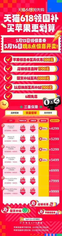 天猫618苹果最高降价2500元！价格表出炉：iPhone 16 Pro 5499元