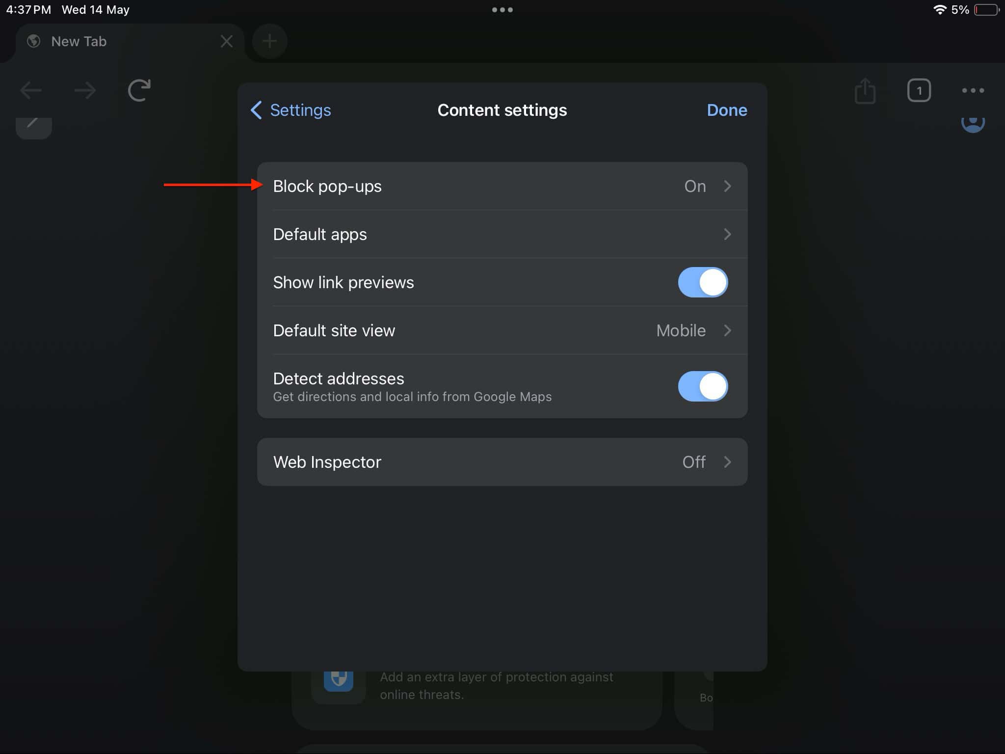 Image of the pop-up blocker on Chrome for ipad