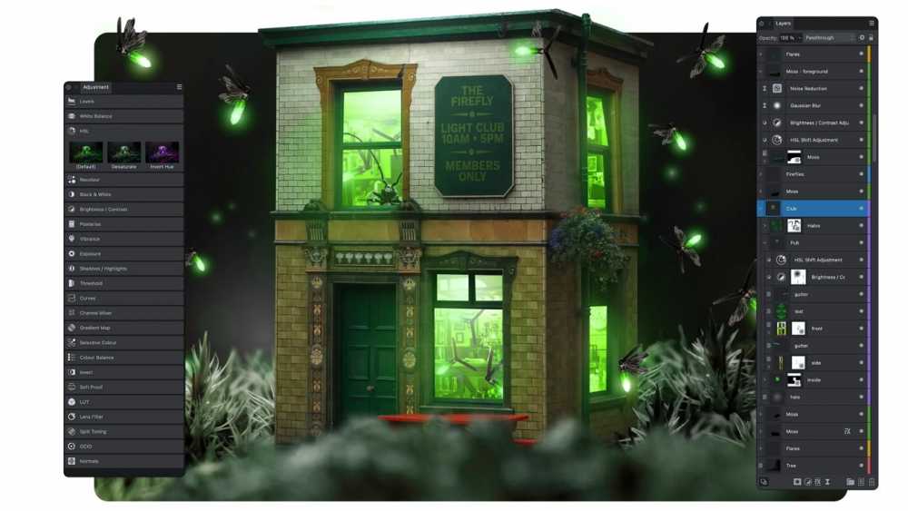 A small two-story building labeled 'The Firefly Light Club Members Only,' with bright green lights and fireflies, surrounded by foliage and digital editing menu.