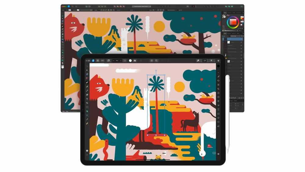 Digital illustration of a colorful landscape with animals, plants, and trees displayed on a tablet and computer screen.