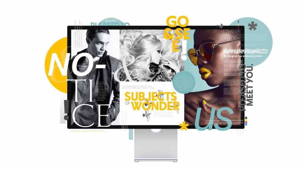 Collage with bold text and images of stylish individuals. Prominent phrases include 'NOTICE,' 'SUBJECTS OF WONDER,' 'GO SEE,' and 'PLEASED TO MEET YOU.'