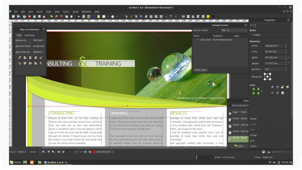 A graphical user interface for Scribus software displaying a design document titled 'CONSULTING & TRAINING' with images, text, and various editing tools.