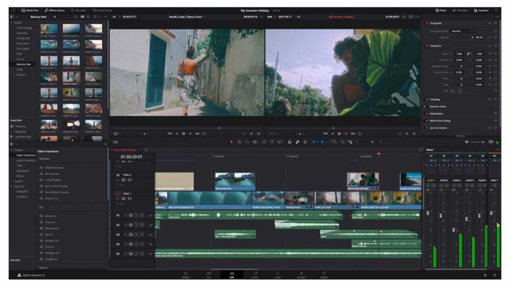 Video editing software interface showing video clips, transition options, and audio controls. Two video frames displayed at top center, timeline with video and audio tracks below, settings on the right.