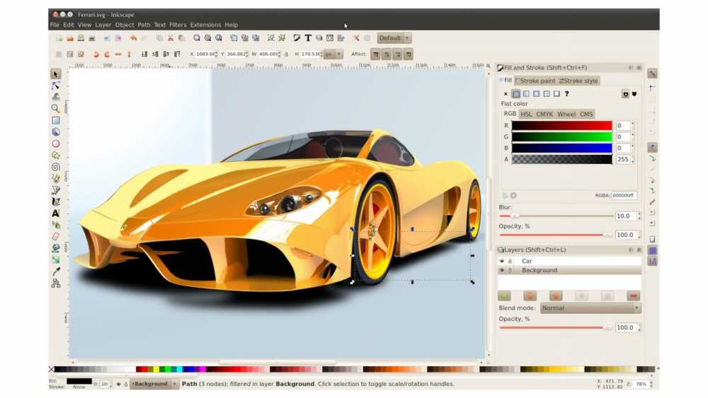 A digital illustration of a sleek, yellow sports car is displayed within a vector graphic editing software interface.