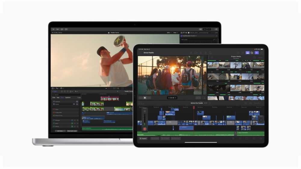 Laptop and tablet display video editing software, showcasing clips of people playing paddle tennis with timelines and editing interfaces visible.