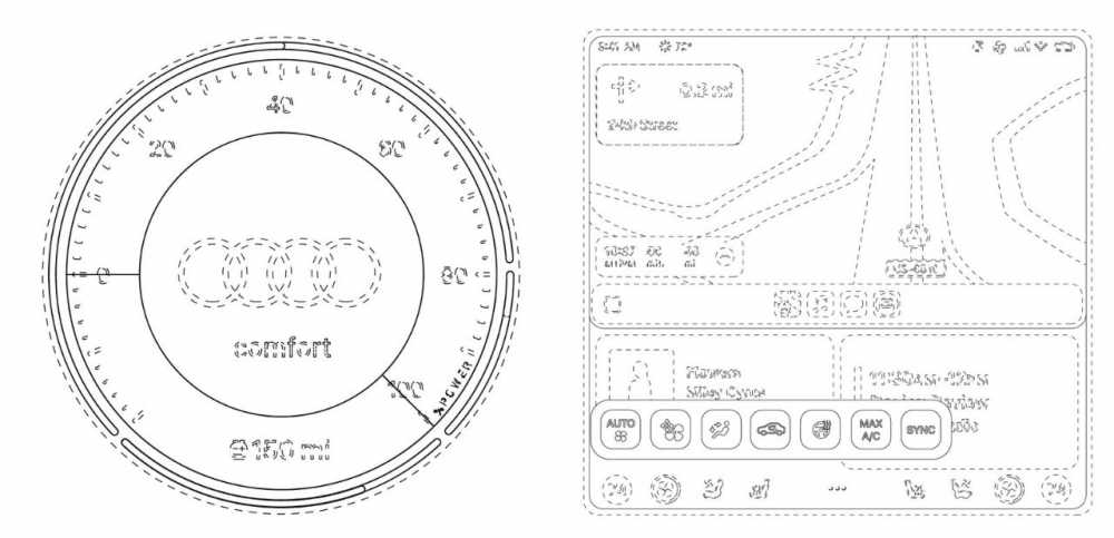 Dashboard interface with speedometer, navigation map, and climate control icons. Audi logo and the word 'comfort' appear in the center of the speedometer circle.