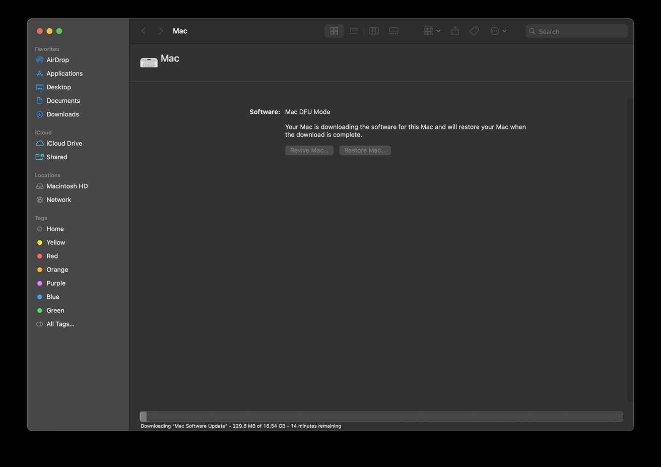 DFU 模式下的 Mac Finder 窗口，正在下载软件。 侧边栏列出了收藏夹、位置和标签。 状态栏显示下载进度，还剩 14 分钟。