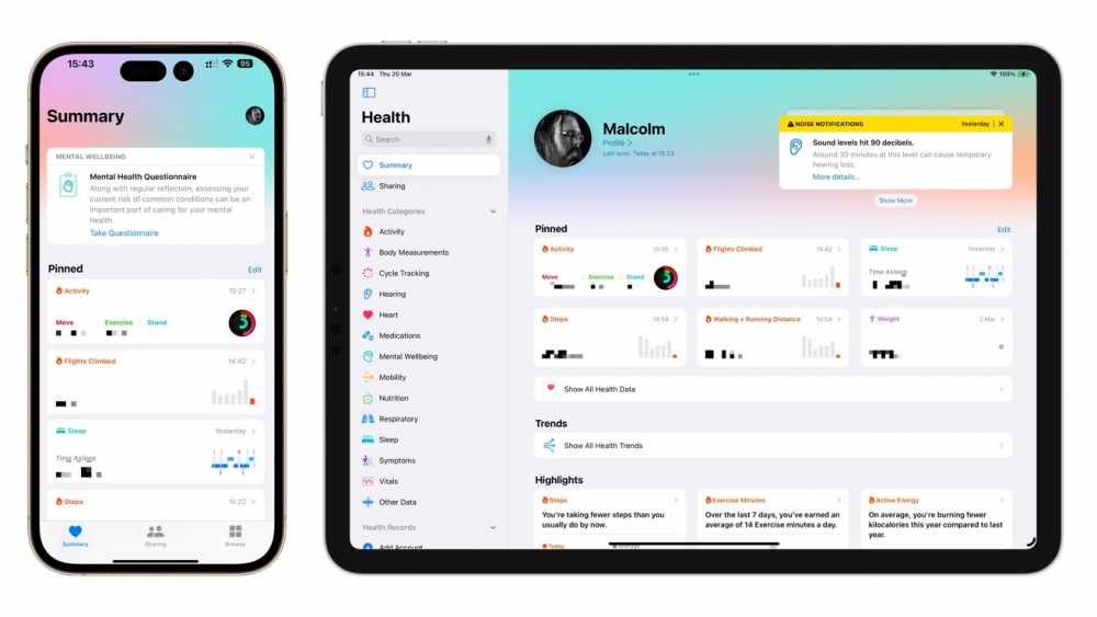 Two digital devices display health app interfaces with sections for activities, summaries, and notifications regarding mental health and sound levels, alongCAD along with various health data visualizations.