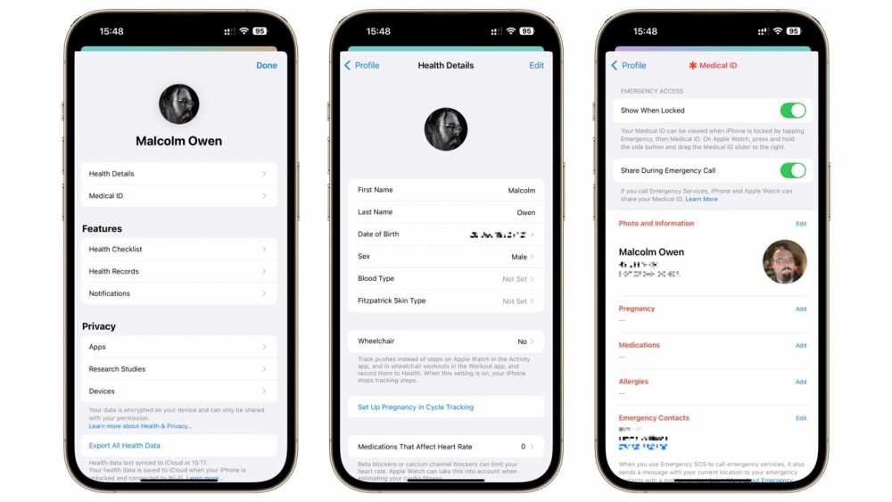 Three smartphone screens showing health app profiles with personal details, medical ID settings, features, and privacy options.