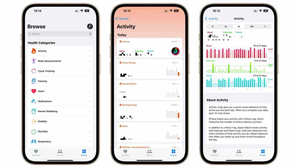 Three smartphone screens display health app interfaces showing categories, activity stats, and detailed bar graphs for movement, exercise, and standing goals.