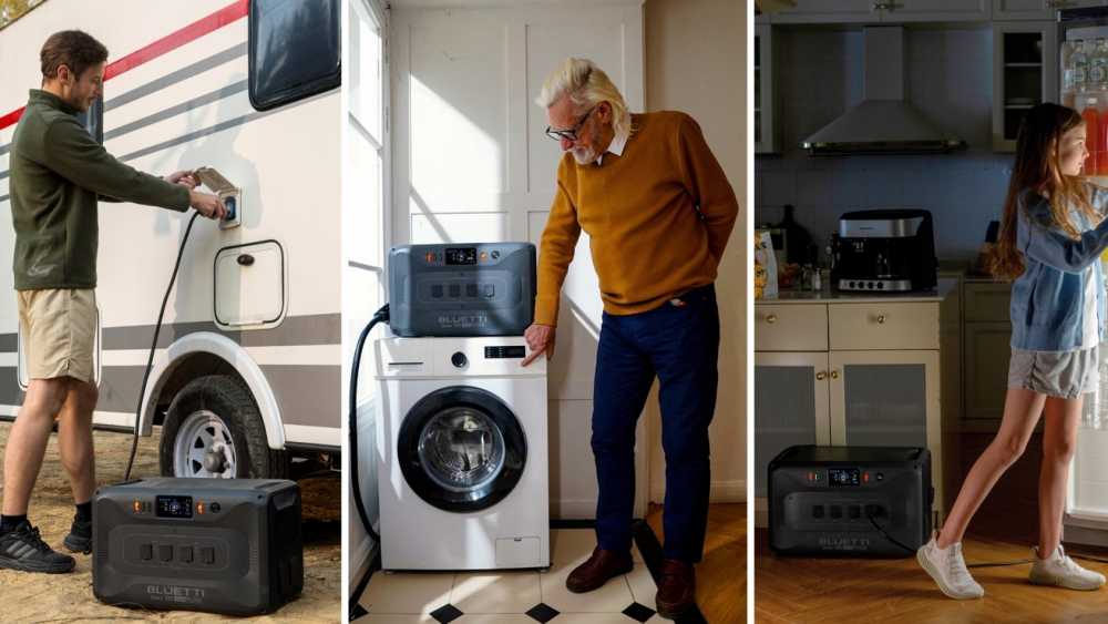 Three scenes: person connecting a cable to a camper van, person using a washing machine, and person opening a refrigerator, all with a portable power station nearby.