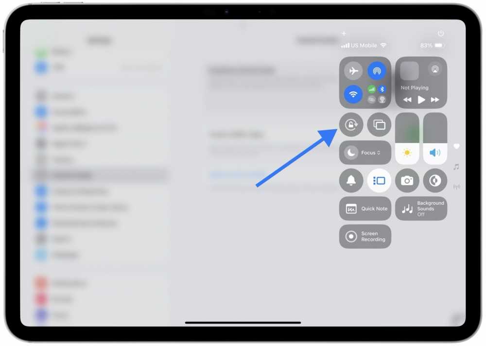 iPad 屏幕显示控制中心，蓝色箭头指向方向锁定按钮。