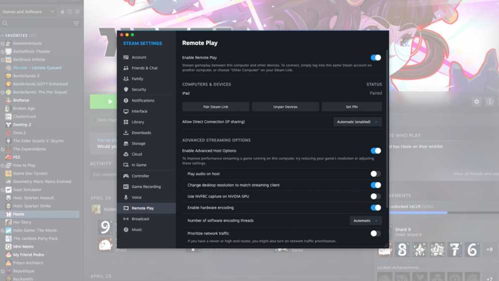 macOS 中 Steam 客户端上的远程播放设置