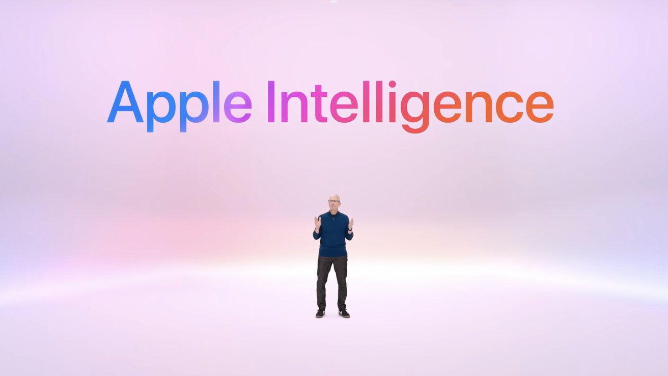 蒂姆·库克穿着蓝色衬衫站在柔和的渐变背景前，上方有大字 Apple Intelligence。