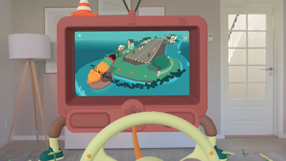 Cartoonish screen on tripod showing an island and road scene, steering wheel below, orange cone on top, modern room background with lamp and door.