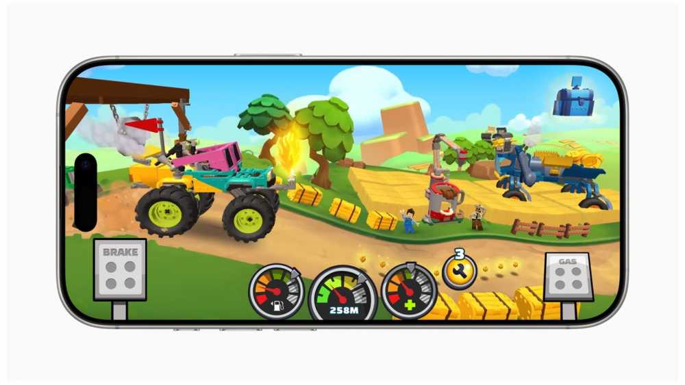 Colorful toy vehicles race on a dirt track amid trees and hay bales, with cartoon characters and control meters displayed on a phone screen.