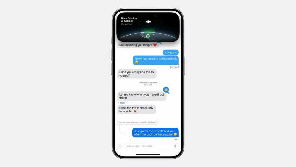 Smartphone displaying a text conversation with emoji about travel plans, overlay showing a satellite connection screen including a globe with connection instructions.