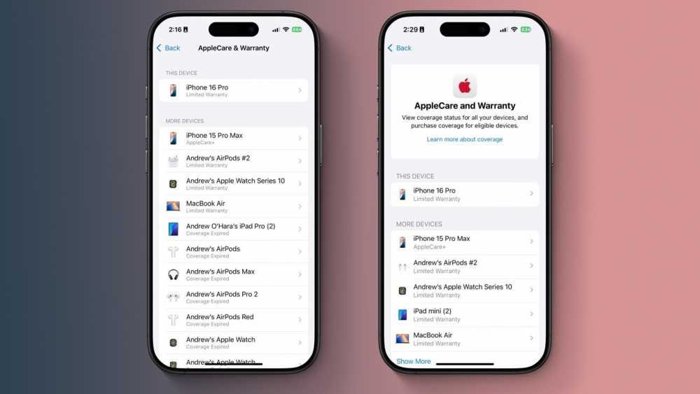 Two smartphone screens displaying AppleCare and Warranty details for various devices including iPhone, AirPods, Apple Watch, and MacBook with coverage status information.