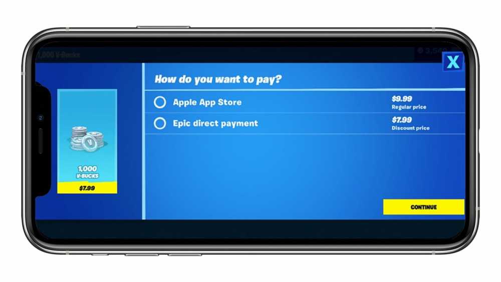 Smartphone screen showing two payment options for 1，000 V-Bucks: Apple App Store for $9.99 and Epic direct payment for $7.99.