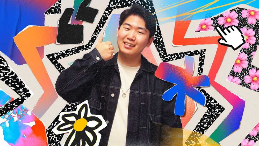 Smiling person giving a thumbs-up, surrounded by vibrant abstract shapes, flowers, and graphic designs on a colorful background.