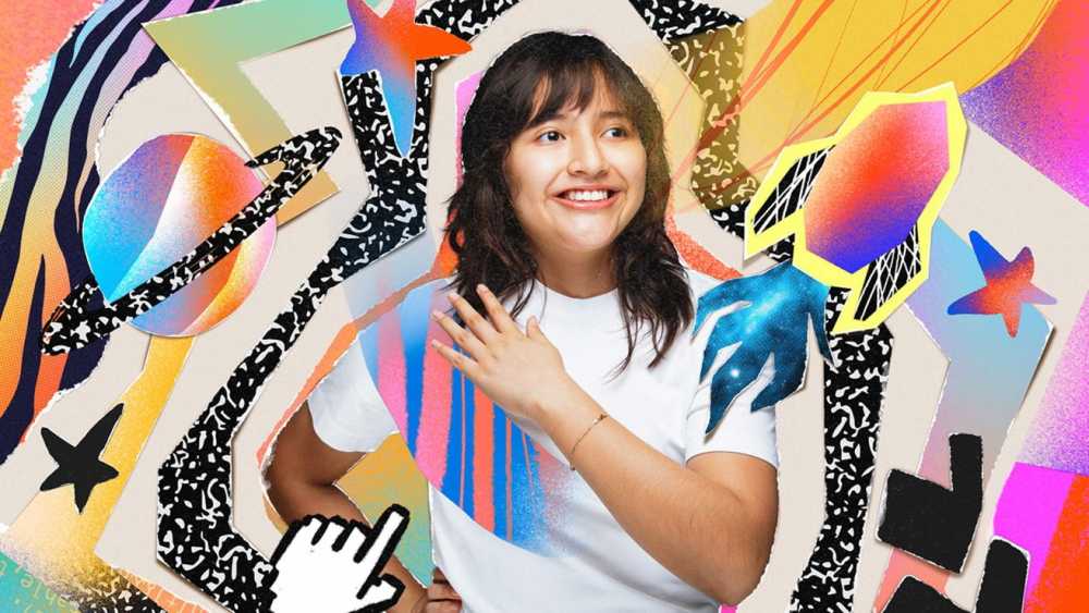 Smiling person in a colorful, abstract collage with rockets, planets, stars, and bold patterns, creating a vibrant, energetic atmosphere.
