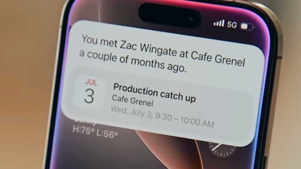 智能手机显示关于在Cafe Grenel与Zac Wingate会面的通知；7月3日上午9:30-10:00的production catch-up日历事件。