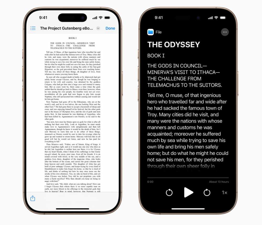 Two smartphones displaying 'The Odyssey' text; left screen shows a standard ebook format, right screen features white text on a black background with playback controls at the bottom.