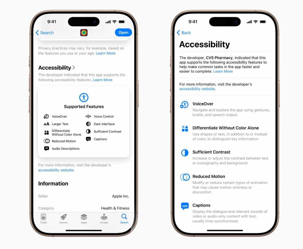 Two smartphone screens displaying an app's accessibility features including VoiceOver, Voice Control, larger text, and sufficient contrast. Additional details about each feature are listed on the right.