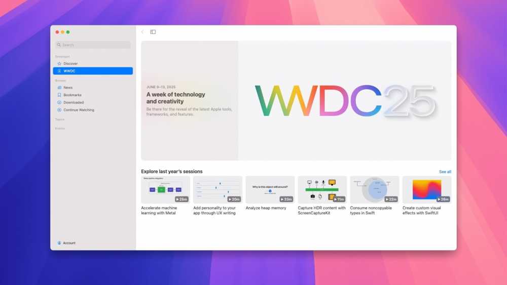 WWDC 2025 announcement with colorful logo, June 9-13 dates, sidebar menu, vibrant background, and session previews like machine learning and user experience topics.