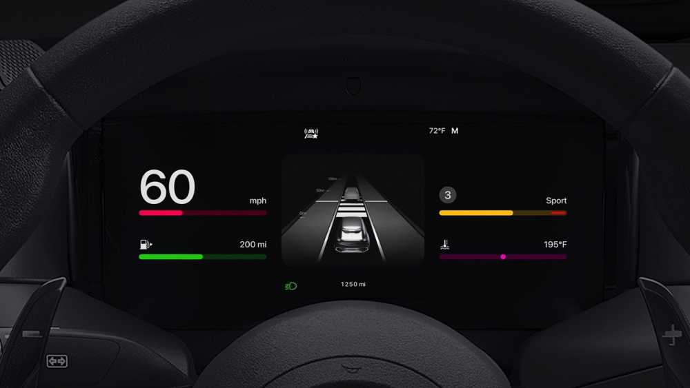 Car dashboard display showing speed at 60 mph, fuel range 200 miles, driving mode 'Sport,' temperature 195F, and digital road view with adjacent vehicles.