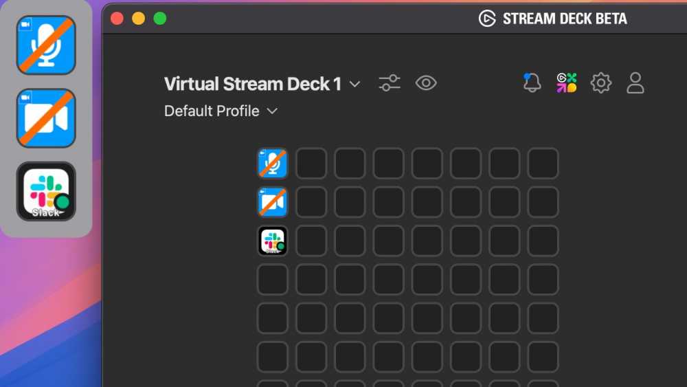 带有静音麦克风、网格上的视频图标和 Slack 图标的虚拟 Stream Deck 界面。可见图标：设置齿轮、铃铛和用户个人资料。
