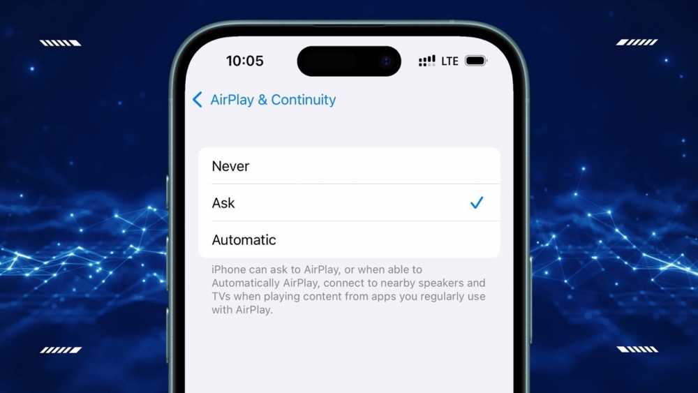 iPhone screen displaying AirPlay & Continuity settings with options: Never, Ask (selected), and Automatic. Background features a digital, blue network pattern.