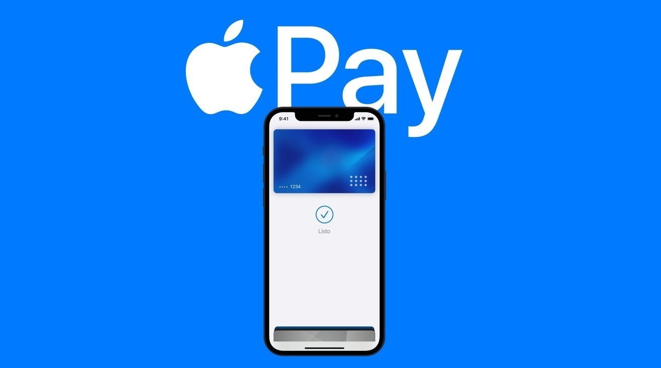 iPhone上显示Apple Pay，蓝色背景上有Apple Pay标志，数字卡片上有复选标记。
