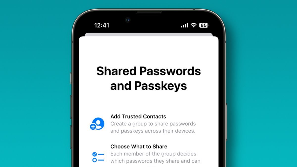 Smartphone screen displaying 'Shared Passwords and Passkeys' with options to add trusted contacts and choose what to share.