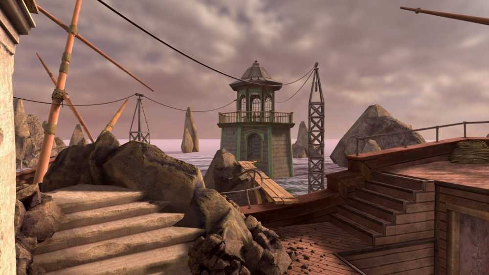 Coastal scene with rocky steps, a wooden platform, and a green lighthouse surrounded by ocean and jagged rocks under a cloudy sky.