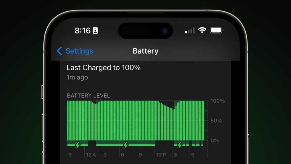 Battery settings screen showing last charge at 100% and a graph of battery level over time on a smartphone.