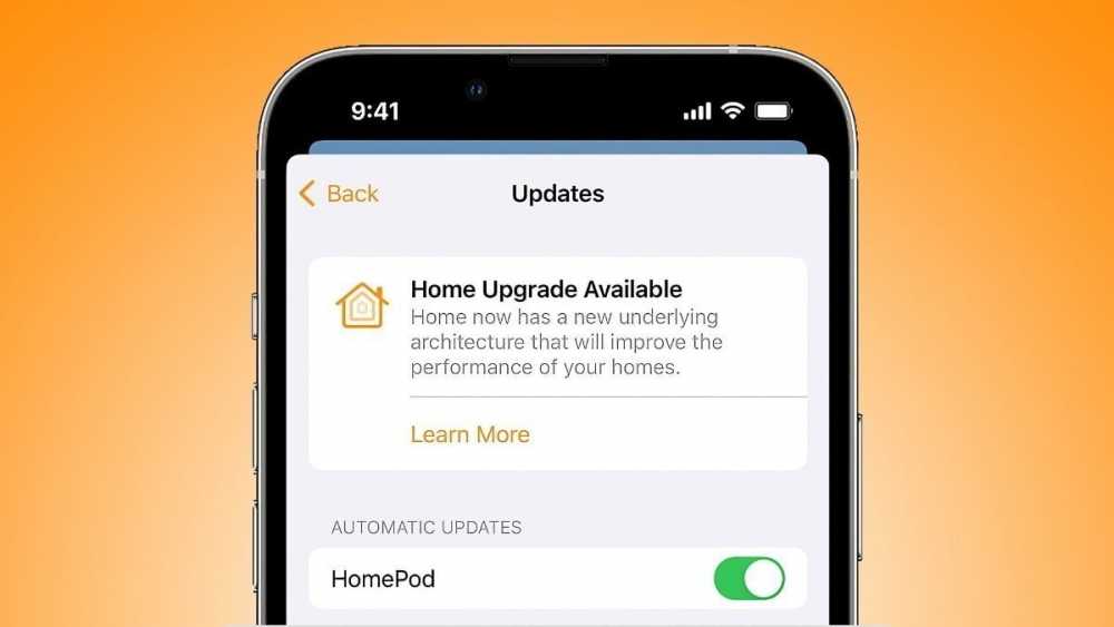 Smartphone screen showing home upgrade available notification with learn more option and automatic updates for HomePod turned on, set against an orange background.