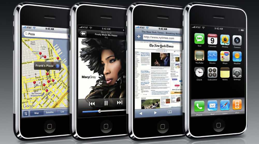 Four smartphones displaying maps, a music player, a web browser with a news website, and app icons on a home screen.
