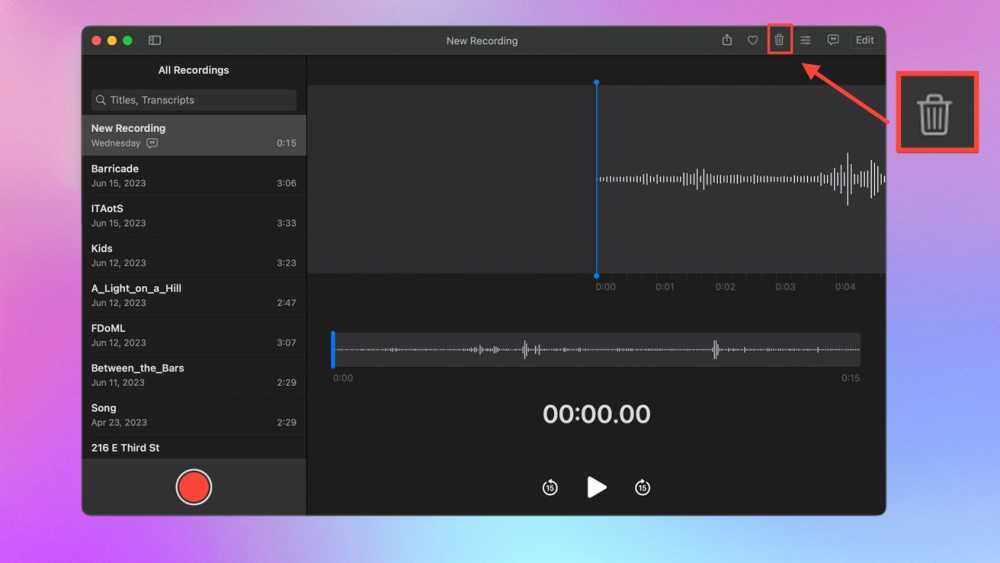 Audio recording software interface showing a list of recordings, waveform display, and recording controls, set against a gradient proportion. A trash icon is highlighted.