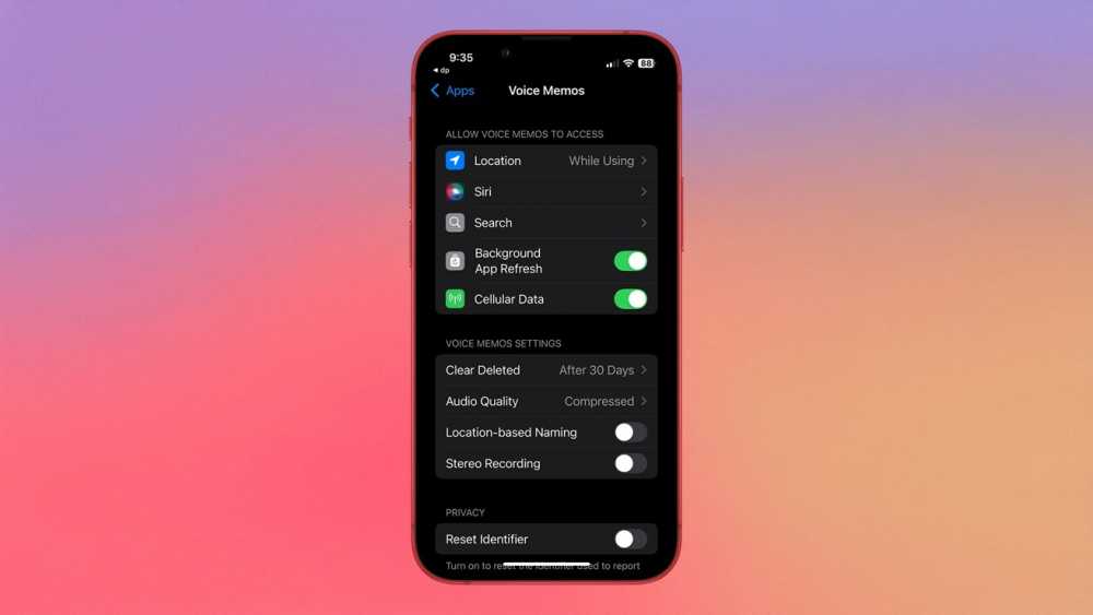 Smartphone screen displaying Voice Memos settings, options for location, Siri, and data. Background app refresh and cellular data toggled on. Pink to purple gradient background.