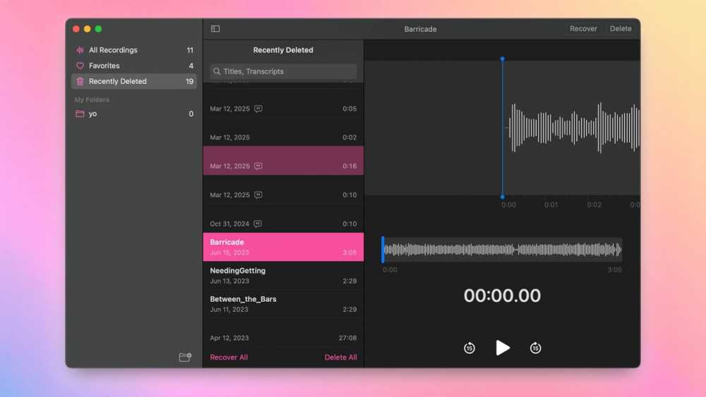 Audio recording app interface with waveform display, file list titled 'Recently Deleted', and controls for play, delete, recover. Highlighted file 'Barricade' dated June 15, 2023, duration 3:05 minutes.