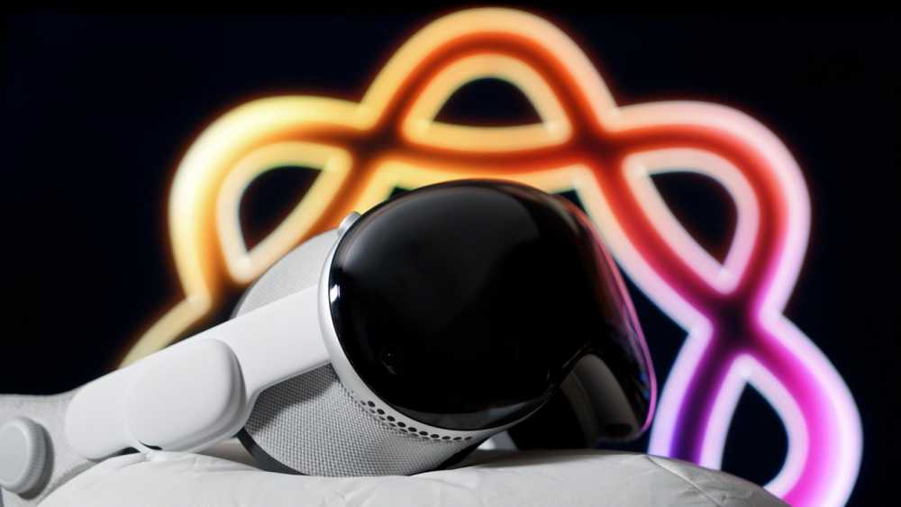 Sleek virtual reality 头显 resting on fabric, with glowing colorful pattern in the background against a dark backdrop.