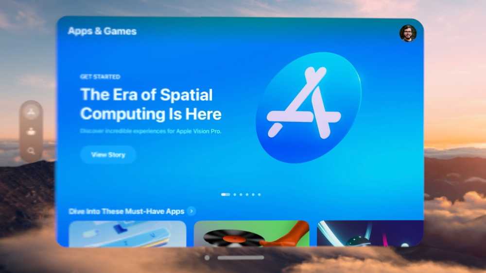 Blue digital interface with Apple App Store icon, text about spatial computing, and 'View Story' button. Blurred mountain landscape in the background.