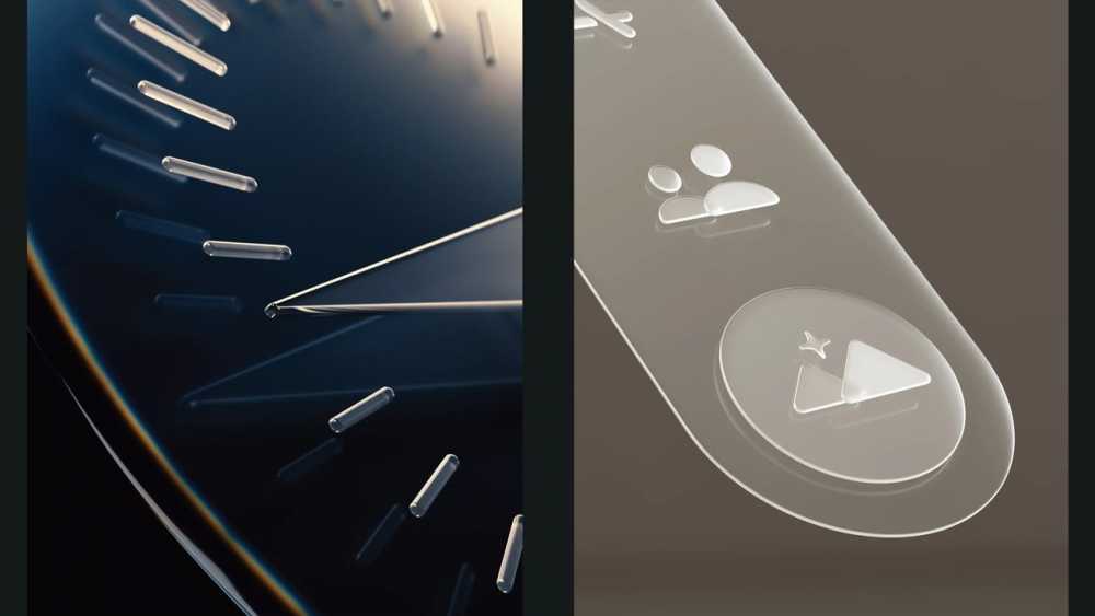 Close-up of a clock face with metallic markers on the left and translucent buttons with icons, including a play symbol, on the right.