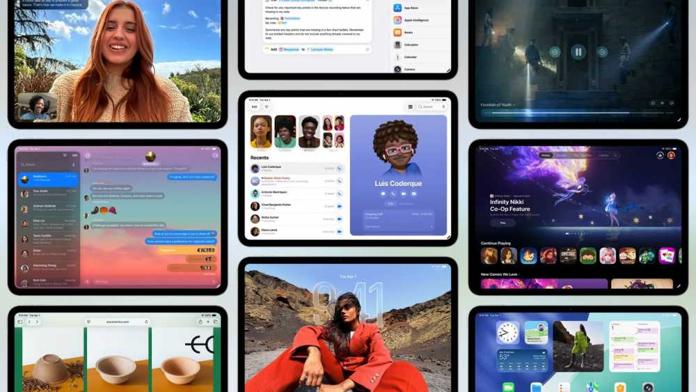Collage of digital tablet screens showcasing video chat, messaging, gaming, web browsing, and contact management, with a person in red sitting outdoors in one corner.