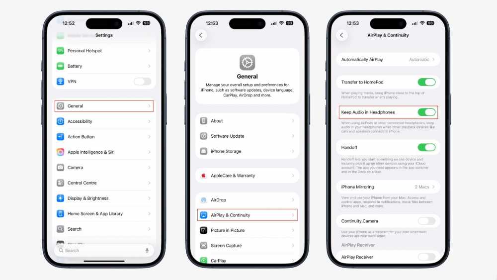 Three smartphone screens showing iPhone settings menus: General, AirPlay & Continuity, and individual options like Transfer to HomePod.