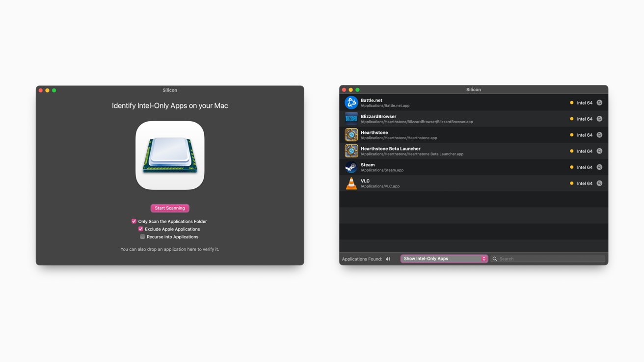 Two app interface screens for scanning Intel-only Mac applications, showing controls and a list of apps with Intel architecture.
