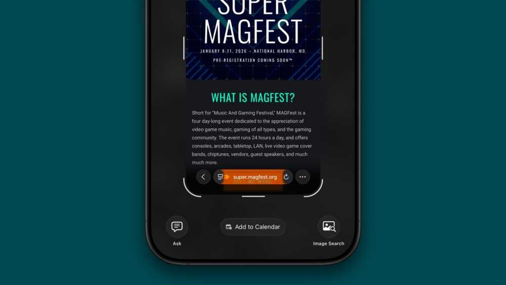 Smartphone screen displaying MAGFest event details, date, and location, with website URL and options to add to calendar, ask questions, and perform image search.